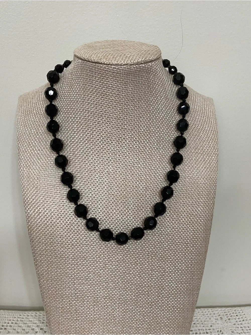 Vintage Made in Austria Black Faceted Crystal Glass Bead Necklace – Mid-Century